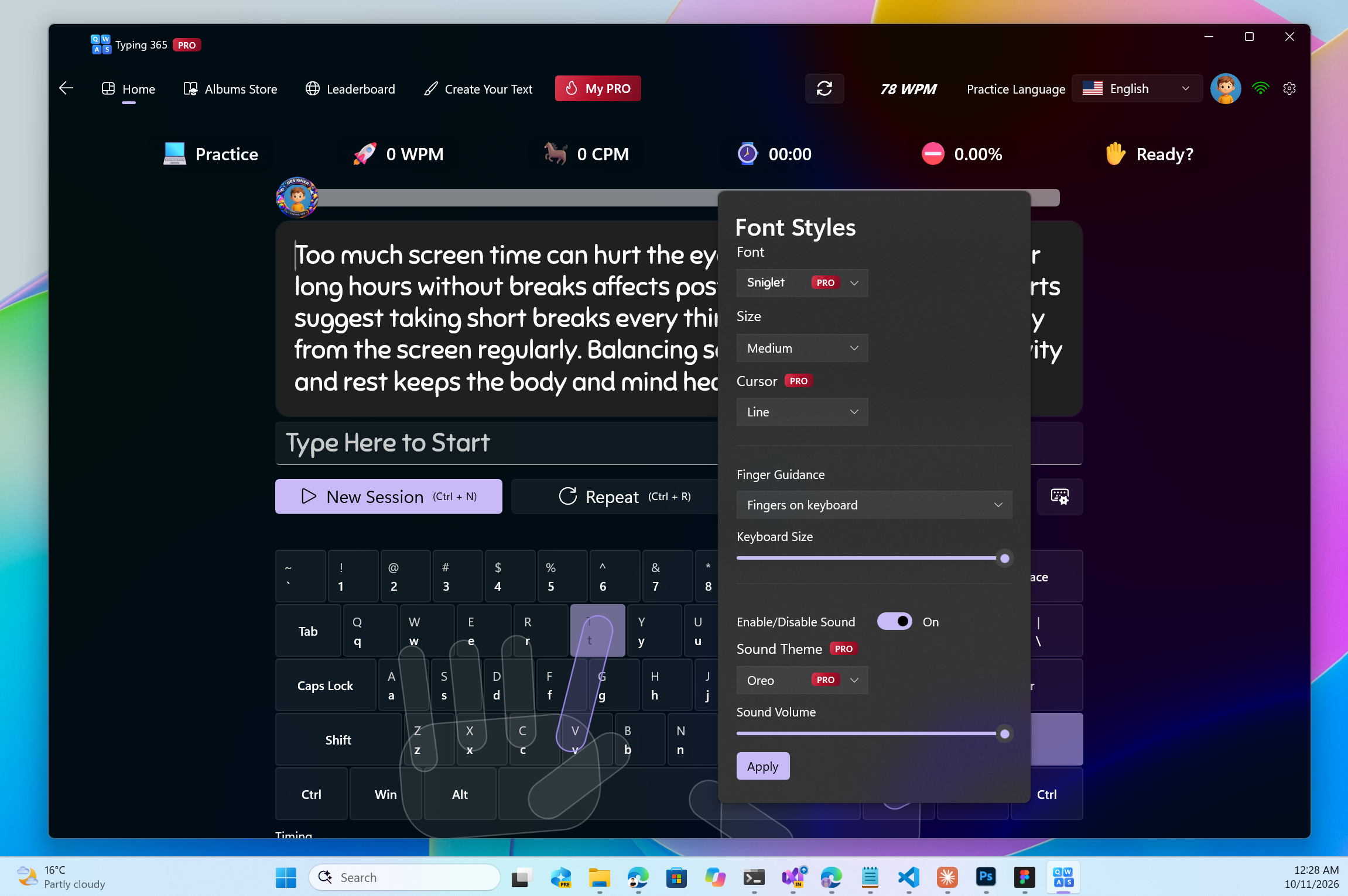 Typing practice in a dark theme with guided hands and font and sound customization options marked PRO