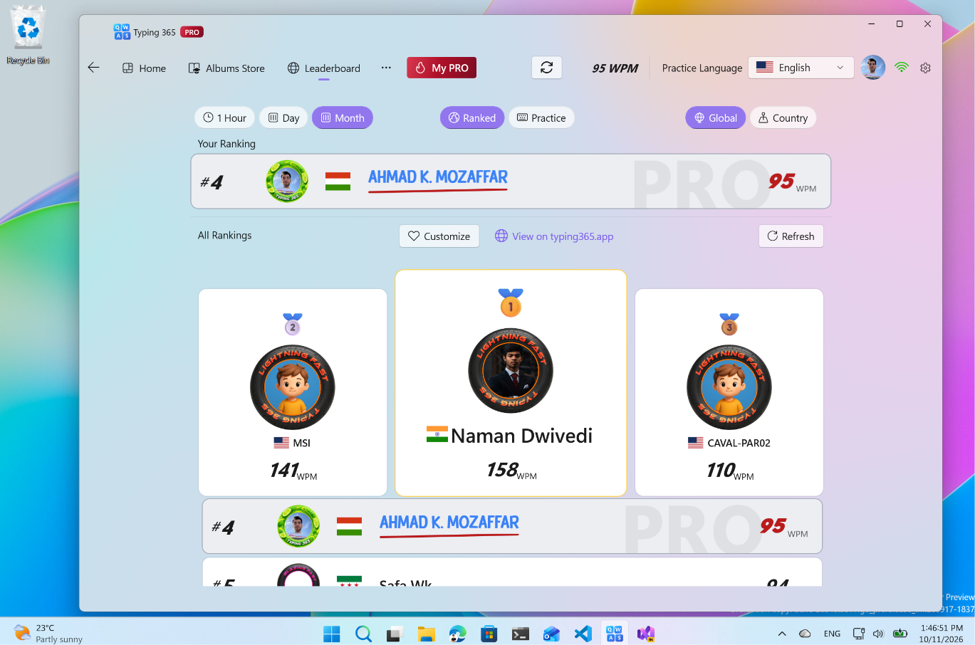 Typing 365 leaderboard with framed avatars and a PRO profile