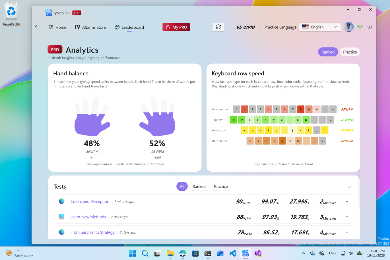 PRO hand balance, keyboard speed heatmap, and typing test history