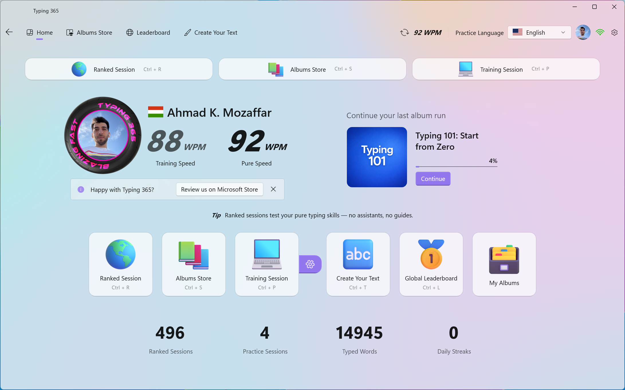 Typing 365 home with a framed avatar, typing speeds, and an ongoing album