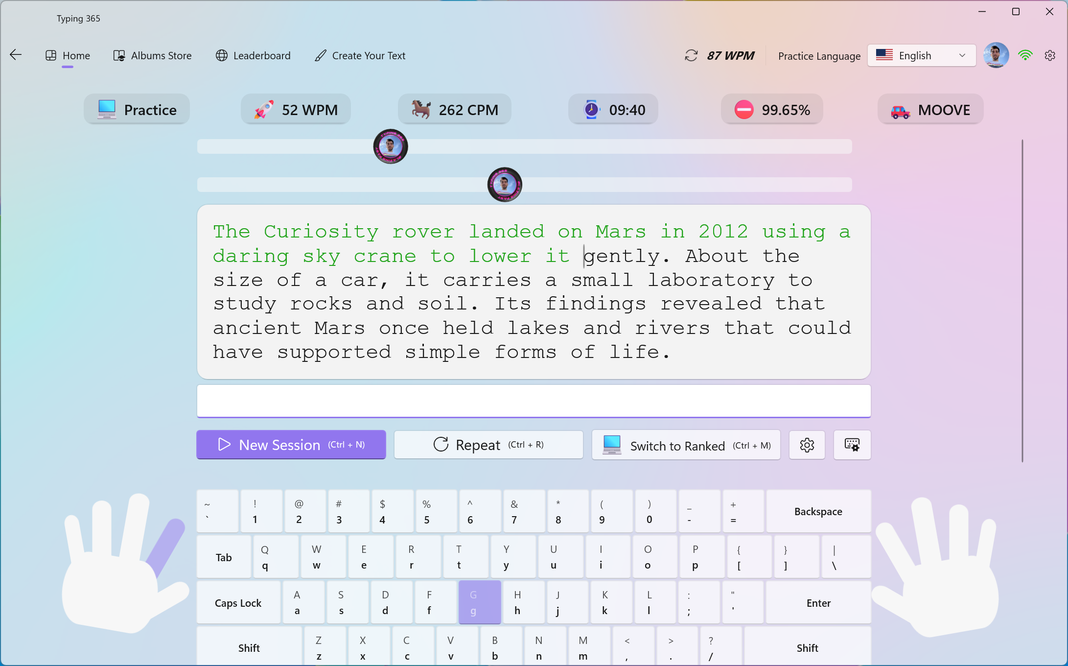 Typing session with a highlighted key and on-screen hand guidance