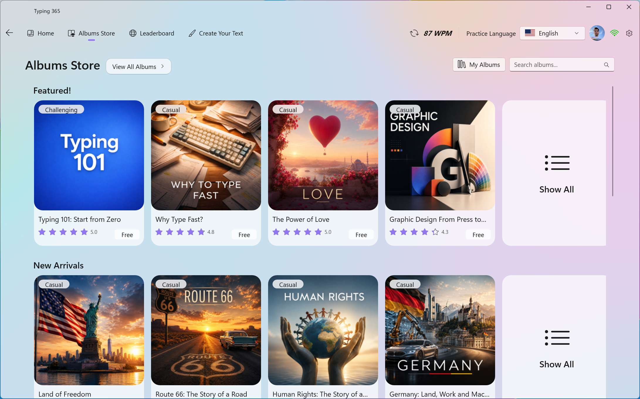 Albums Store with featured learning albums and new arrivals
