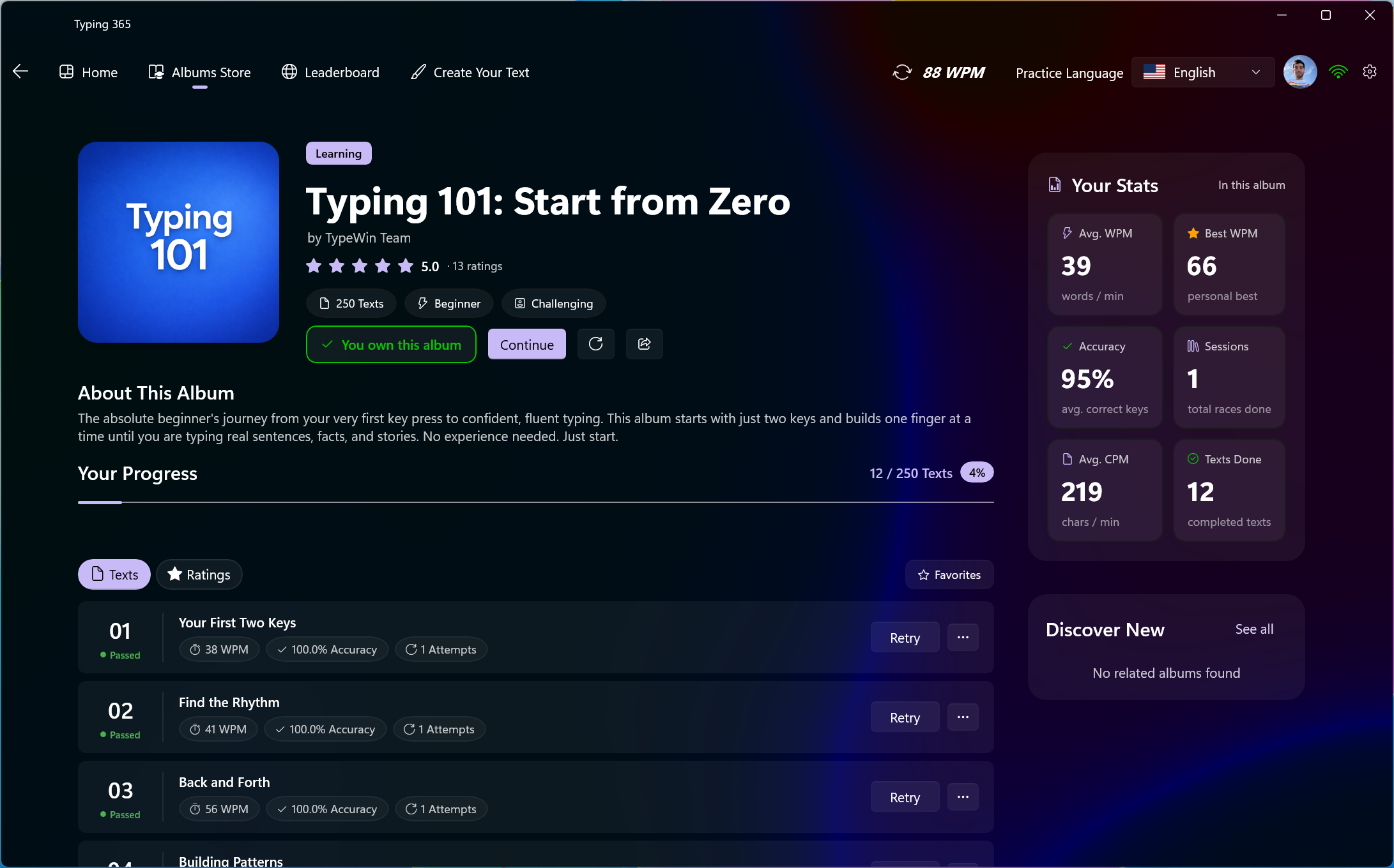 Typing 101 album with beginner lessons, completion progress, and personal statistics