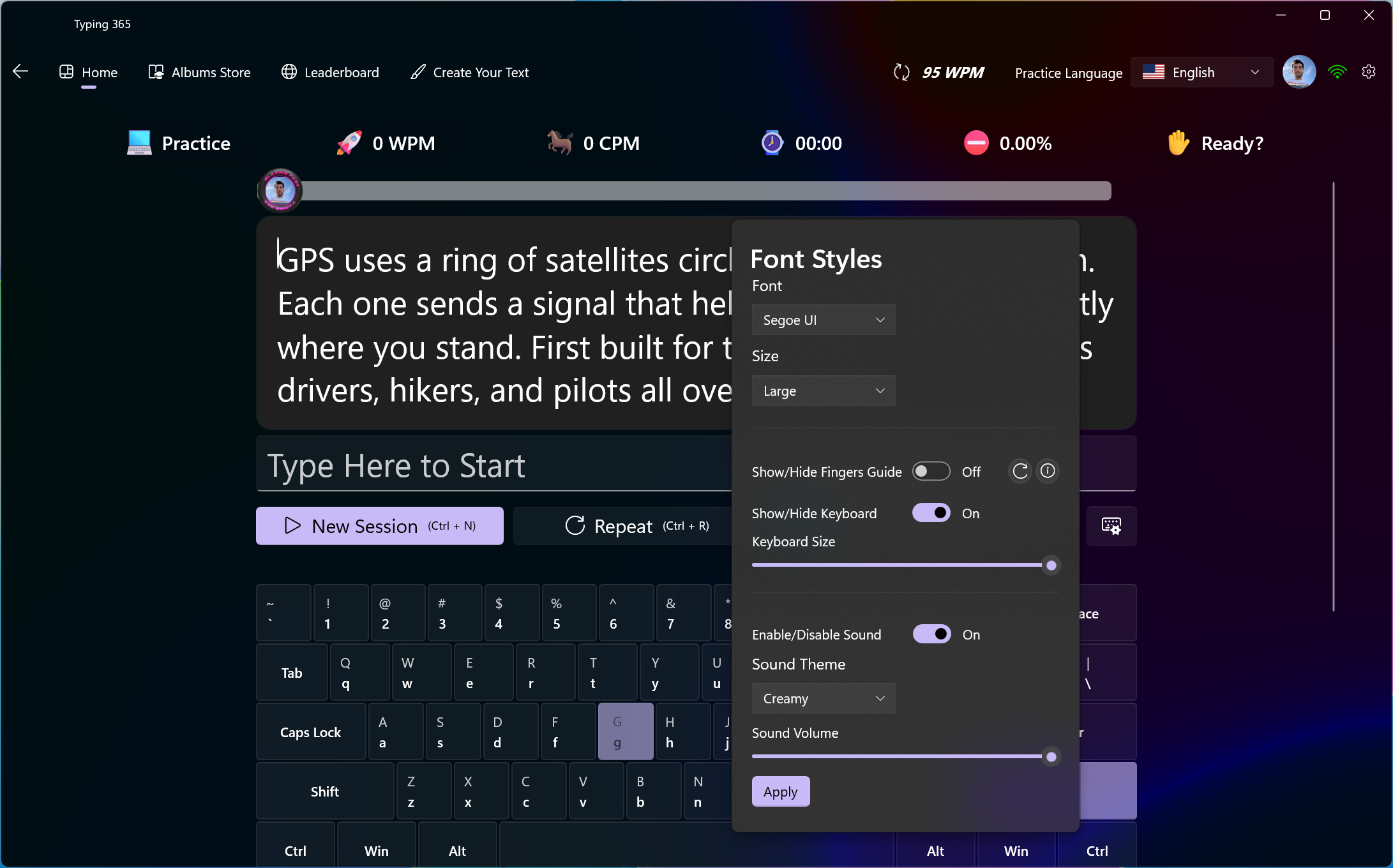 Font, keyboard, finger guidance, and sound settings